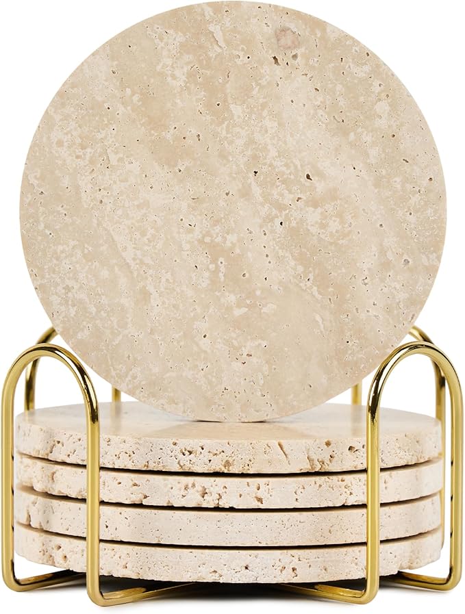 Italian Travertine Coasters Set of 5 with Holder, Round Beige Marble Drink Coasters for Coffee Table Decor Housewarming Gift, Unique Natural Stone Absorbent Coaster for Surface Protection