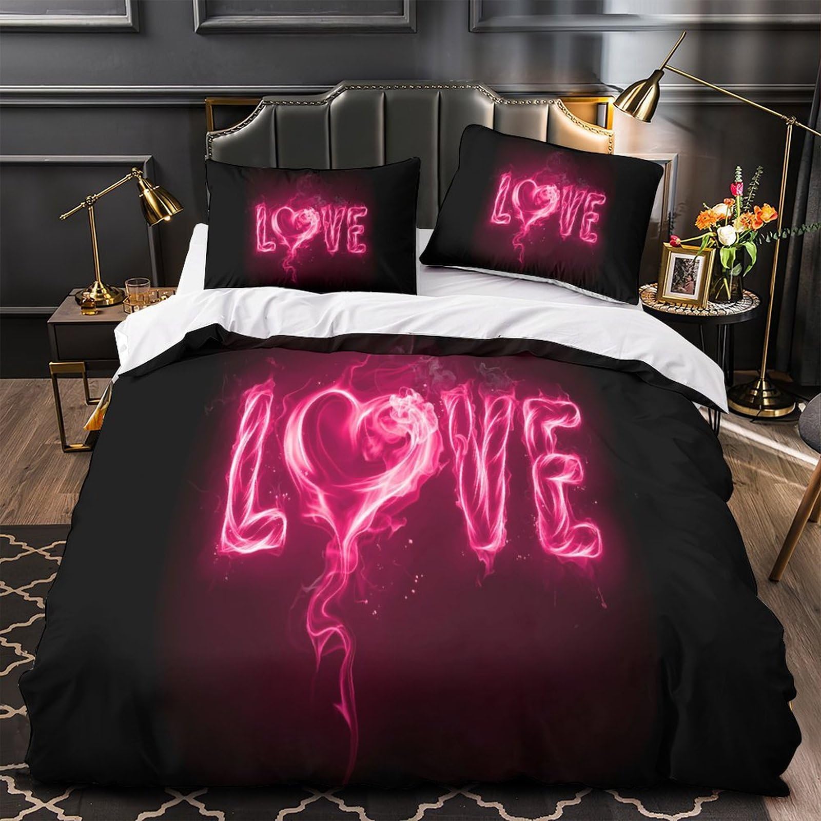 MMDASBVPE Flaming Love Text Comforter Cover 3D Design Printed Luxury 3 Piece Bedding Set Zipper Duvet Cover Super Soft Washable for Kids Teens Adults Women Youth Teenagers Single（135x200cm）