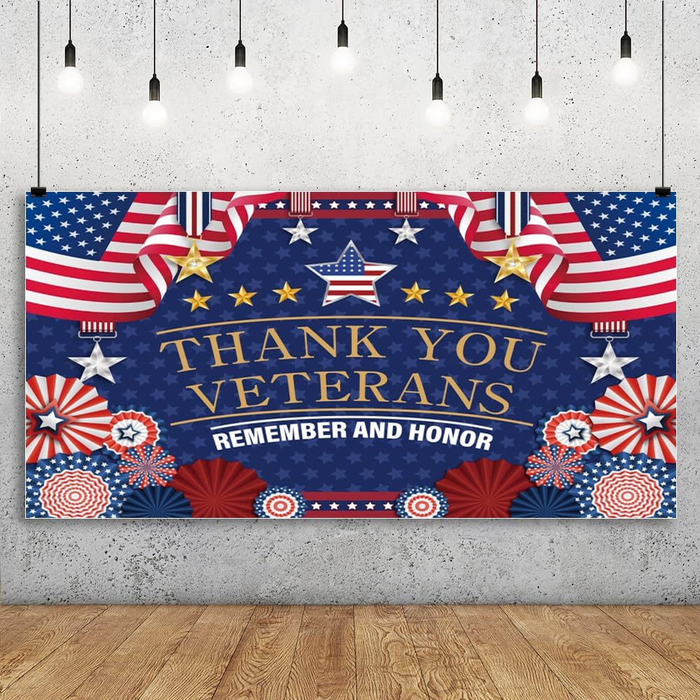 Leyiyi 12x6ft Thank You Veterans Backdrop Remember and Honor Laborer Celebration Party Photography Background American Flag Stars and Stripes November Veterans Day Party Background Photo Booth Props - Image 2