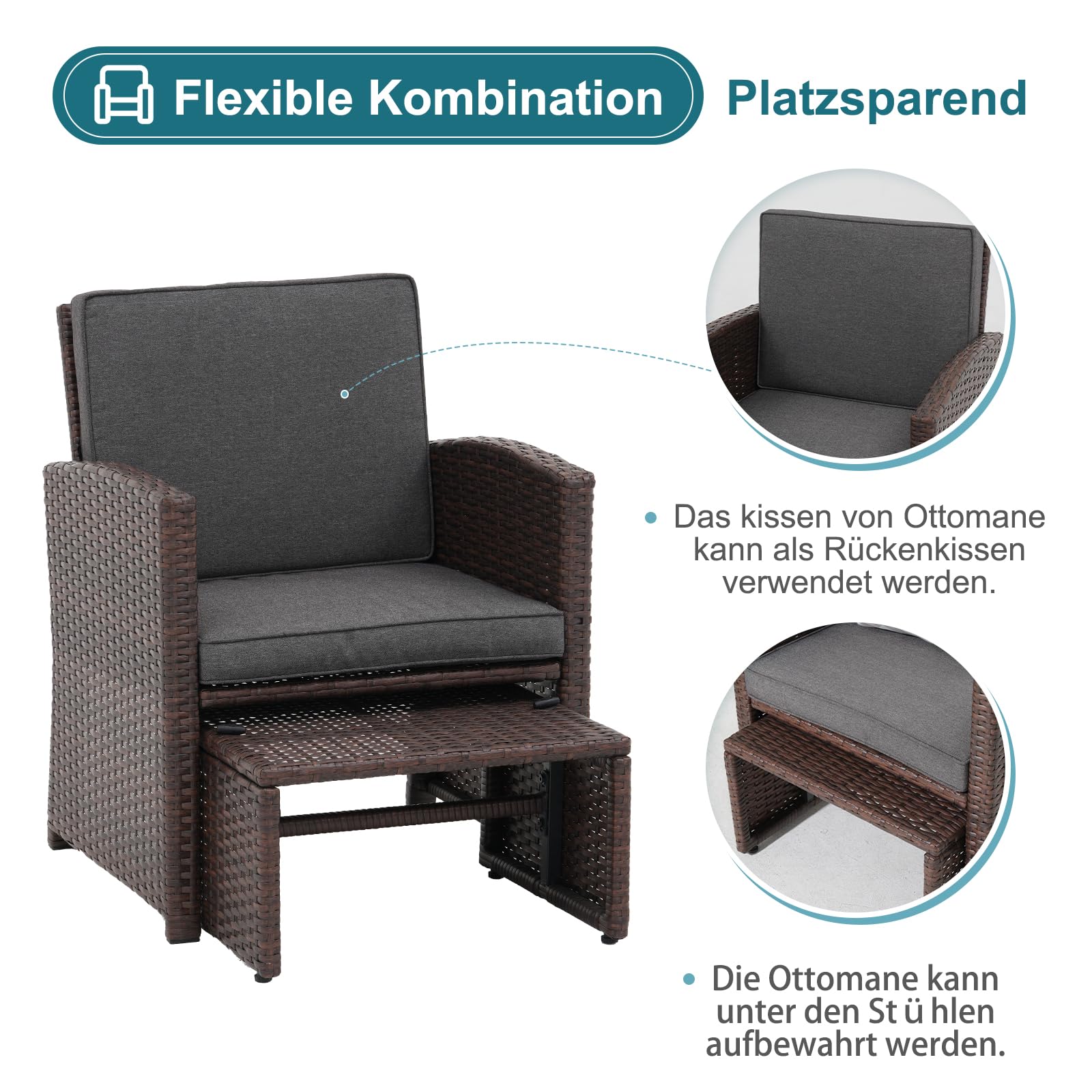OC Orange-Casual 5-TLG Garten Unterhaltung Set, Balkon Möbel Set mit Kissen, brauner Rattan-Sessel mit Hocker&Couchtisch, für Garten, Hinterhof und Veranda (Dunkelgrau)
