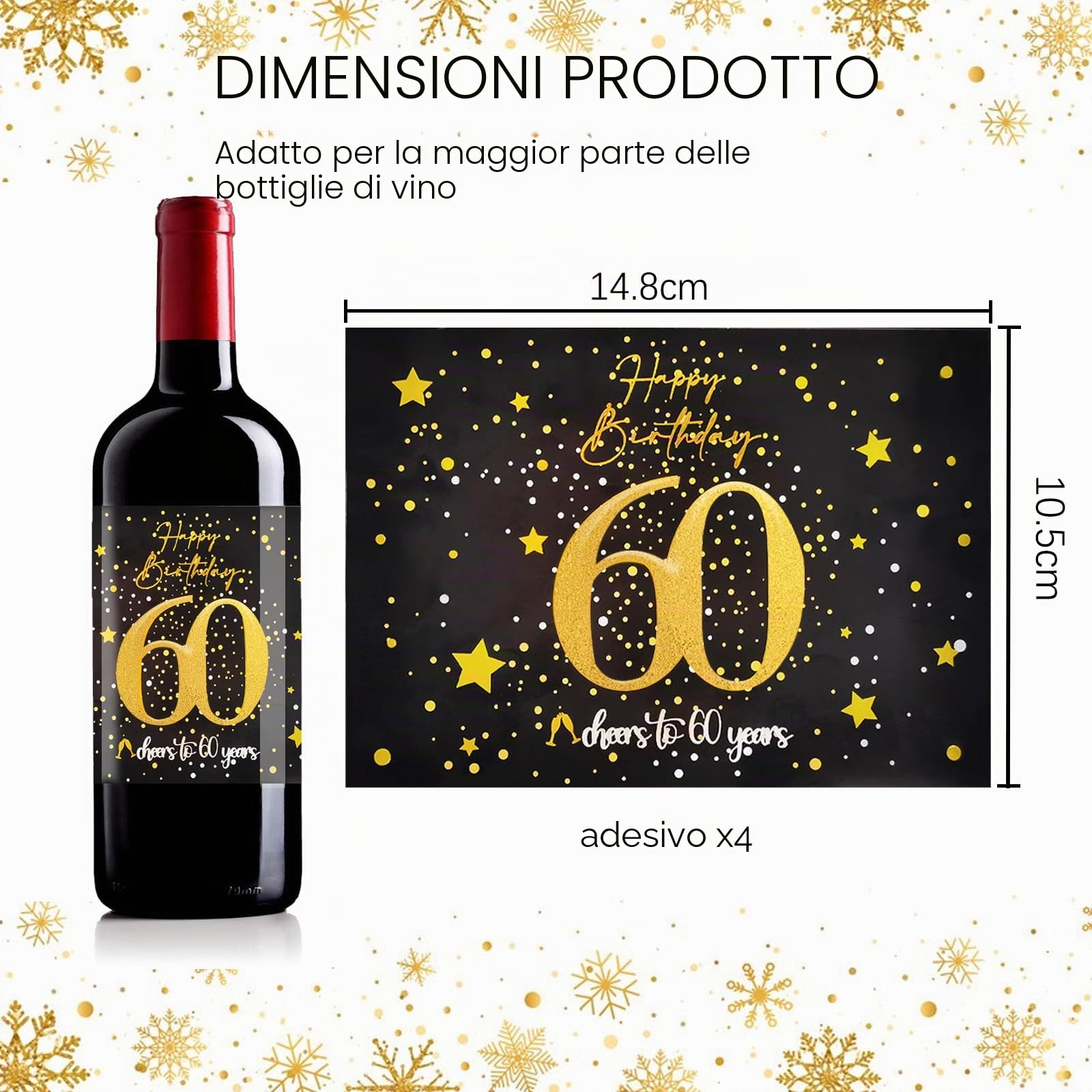 Sugeru 4 pezzi - Etichette per bottiglie per 60° compleanno e fiocchi regalo | Etichette per vino personalizzate autoadesive per spumante e vino spumante | Decorazioni per 60° compleanno, regalo