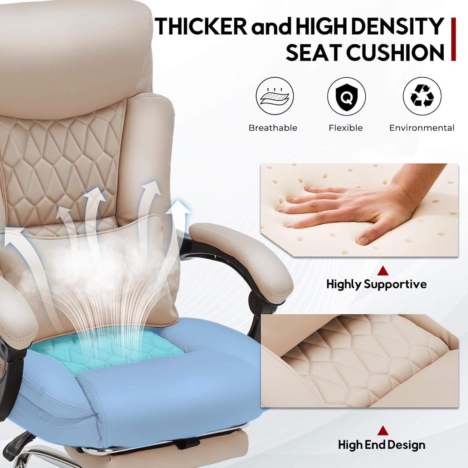 400lbs Reclining Executive Office Chair with Foot Rest, Big and Tall Ergonomic Office Chair, Home Office Desk Chairs for Heavy People (Khaki) - Image 6