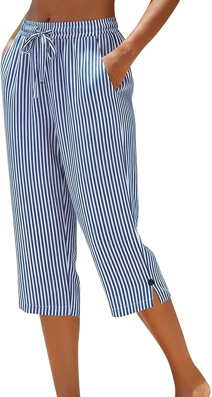 Women's Capri Pants Striped Straight Leg Drawstring Elastic High Waist Casual Cropped Pant Loose Fit Summer Outfits