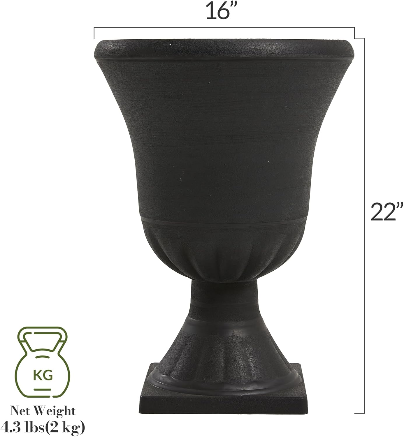 Worth Garden 2-Pack Plastic Urn Planters for Outdoor Plants, 22'' Black Tall Round Classic Resin Traditional Flower Pots - 15 in. Dia. Large Imitation Stone Decorative Pot Patio Deck Front Porch