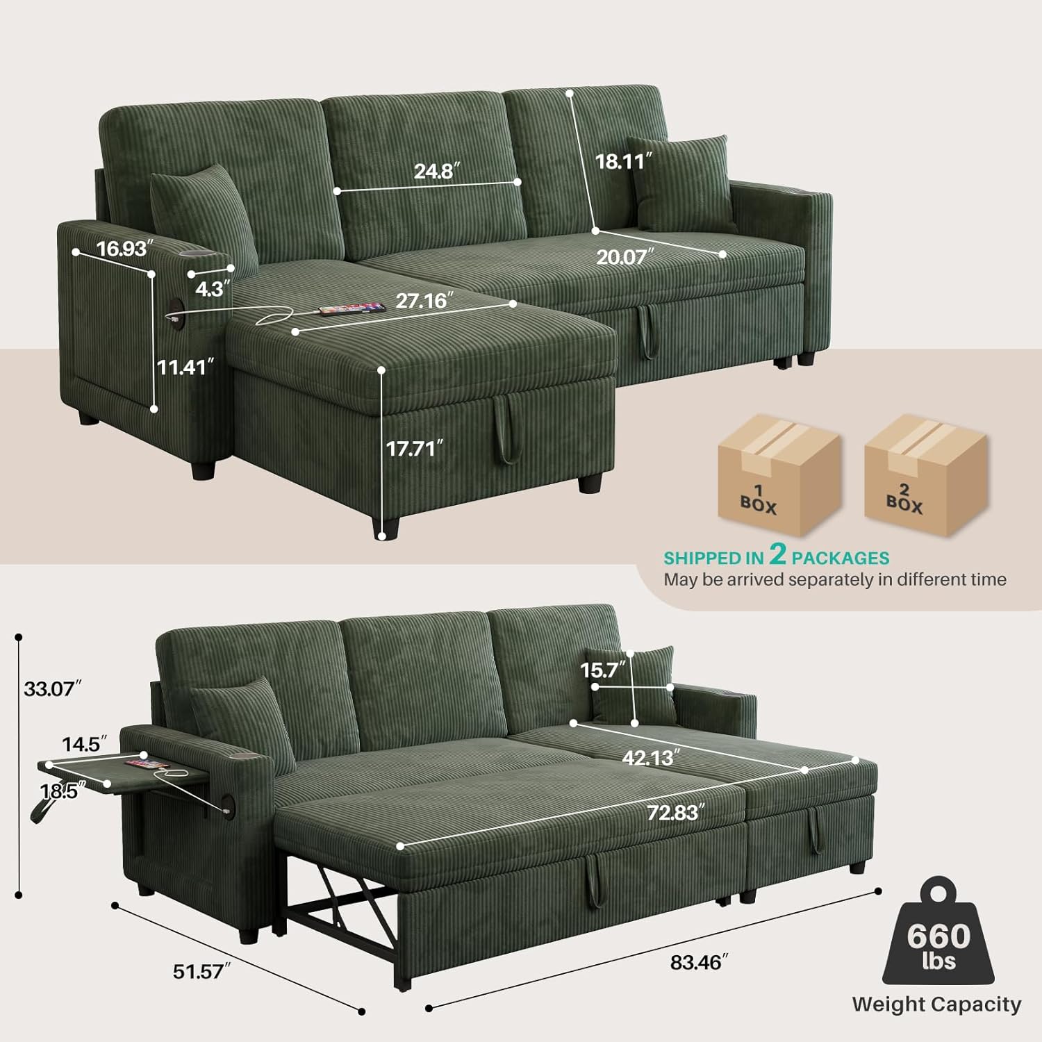 Sleeper Sectional Sofa, 83" Convertible Sofa Bed with Pull Out Couches, Small Desktop, L Shaped Couch with Reversible Chaise, Cup Holders, USB, Modern Corduroy Sofas for Living Room Apartment, Green