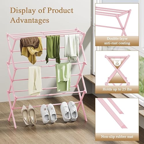 Miniatura 2 de Tendedero plegable para ropa, 3 niveles, portátil, para interiores y exteriores, antioxidante, compacto, plegable, color rosa, 28 pulgadas de