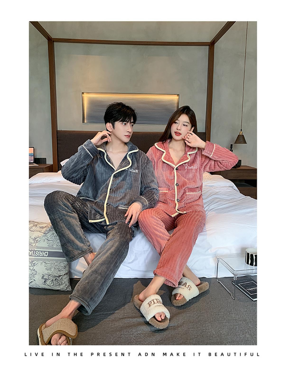 Pijamas de los Hombres Traje de Dos Piezas de Franela Invierno Grueso y cálido Terciopelo Coral Uso casero Pijama Set Lovers Sleepwear 2PCS Ms Nightwear
