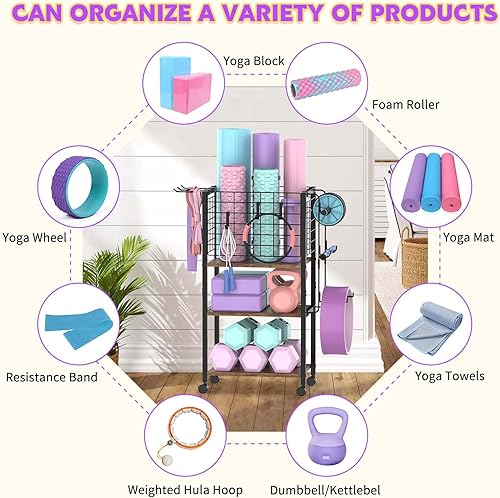 Miniatura 4 de FLMOUTN Estante de almacenamiento para esterilla de yoga, gimnasio en casa, organizador de almacenamiento para mancuernas, bloque de yoga, pesas