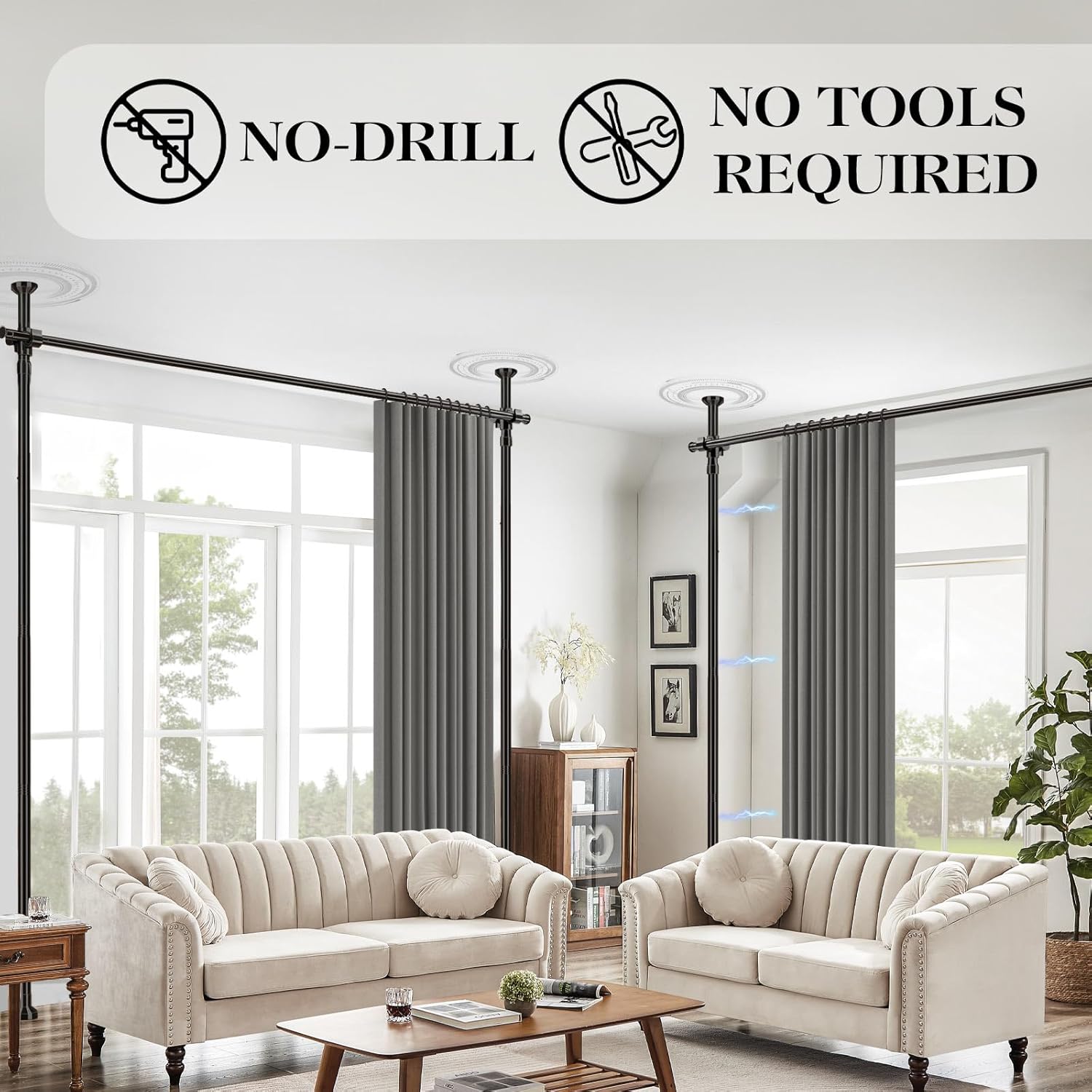 Room Divider Curtain Set-No Drilling Curtain Rod Set, Curtains for Dividing Bedroom, Curtain Room Divider for Privacy Grey-100 W x 84" L(Pack of 1)