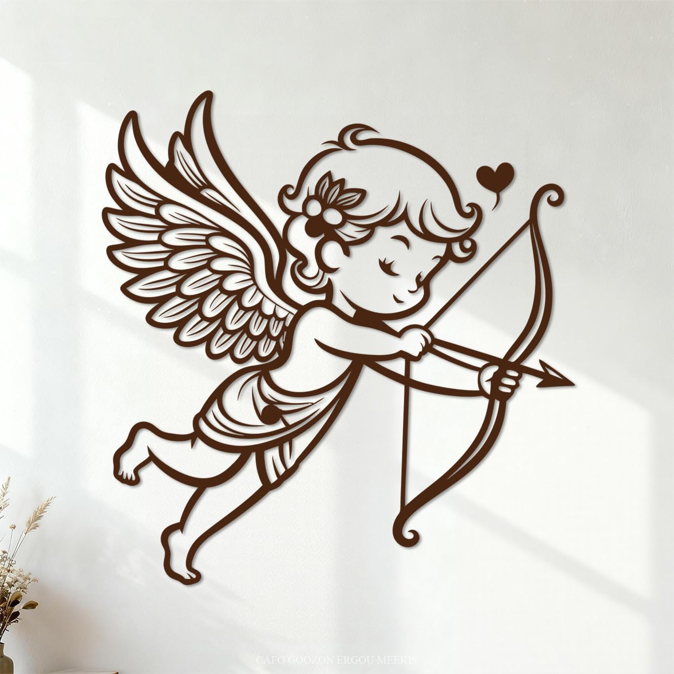 Cupid with Bow and Arrow Ready to Shoot Love line Art Wall Vinyl Sticker Decor 54.6x57.1cm Self Adhesive Coffee