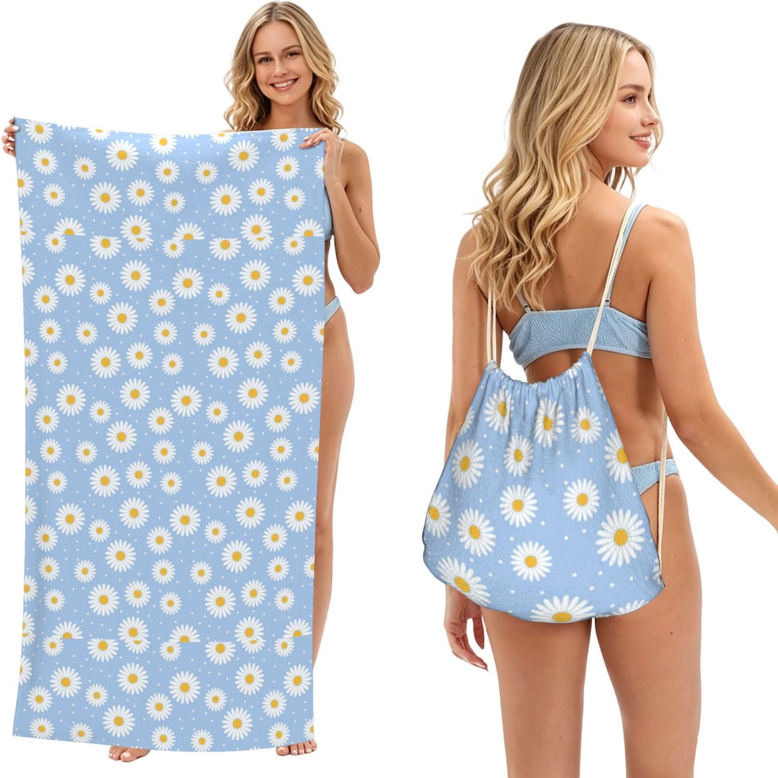 Poadnly As Picture Daisies On A Blue, 2 In 1 Packable Towel Bag, Beach Towels With Drawstring Backpack For Travel Holiday Camping