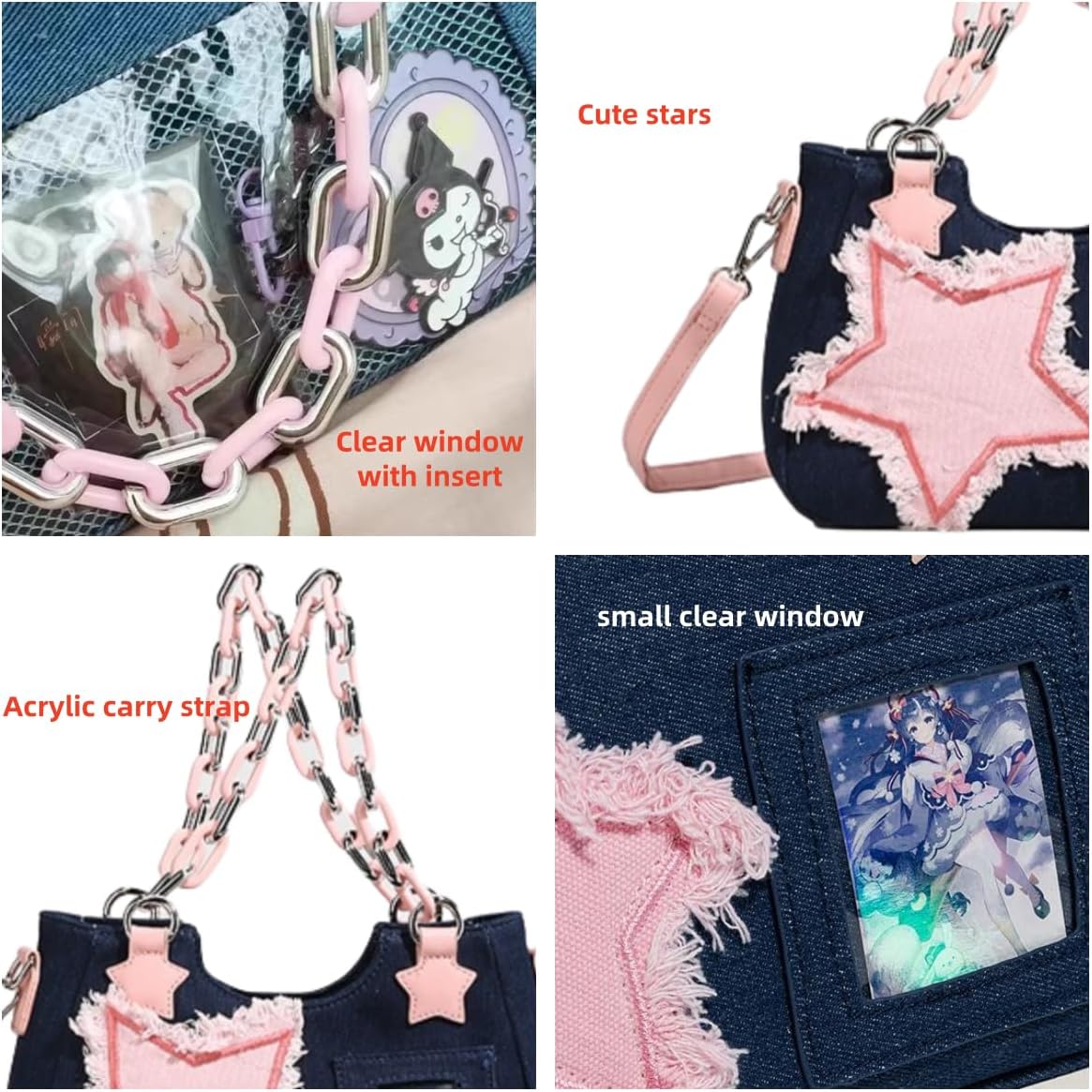 Denim Stars Kawaii Single Shoulder Crossbody Bag Ita Bag Y2k Chains Handbag Aesthetic Cute Crossbody Bag