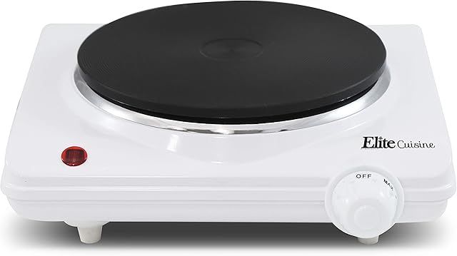 Elite Gourmet ESB-301F Countertop Single Cast Iron Burner, 1000 Watts Electric Hot Plate, Temperature Controls, Power Indicator Lights, Easy to Clean, White