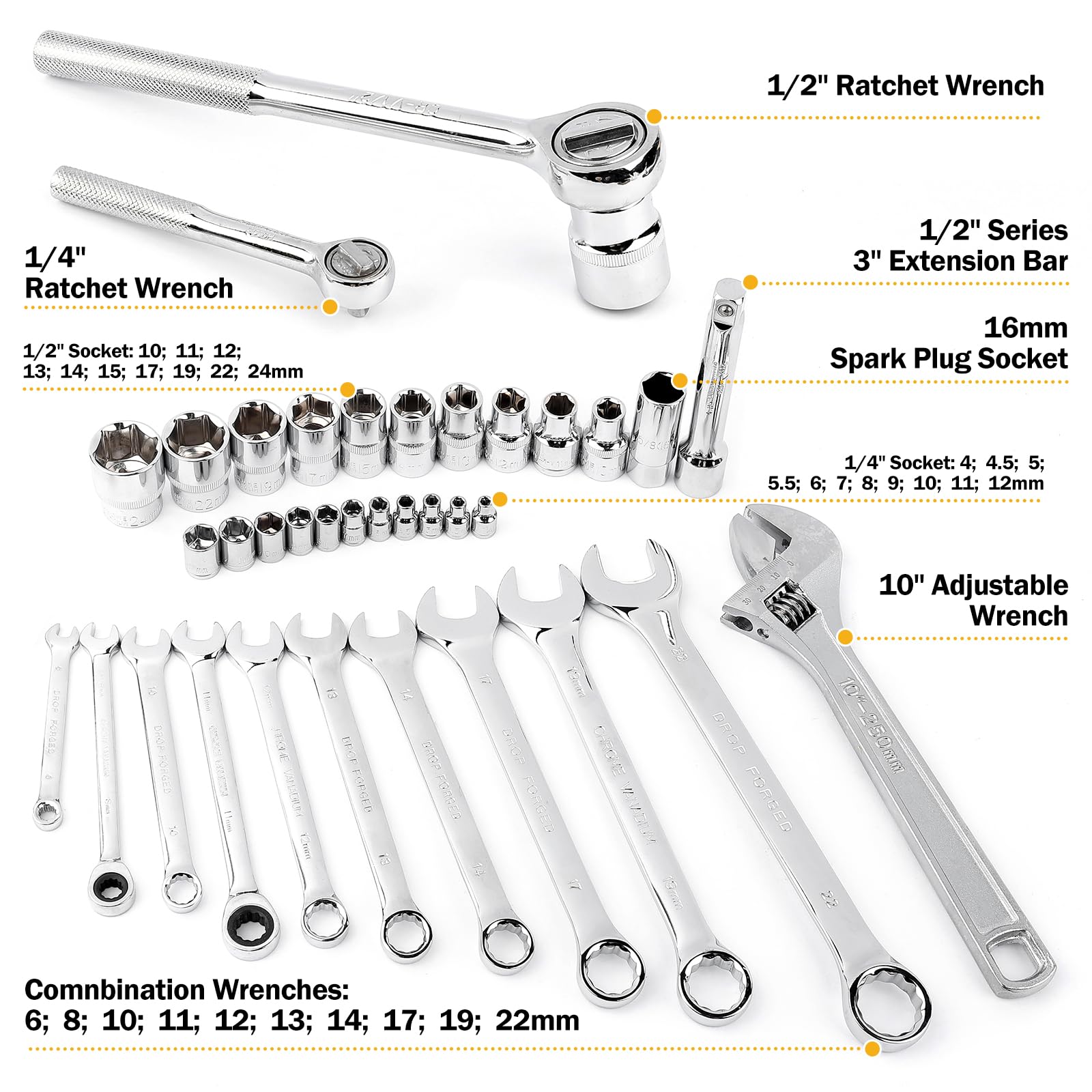 DOWELL Set di attrezzi da 85 pezzi, kit di attrezzi per meccanici automobilistici, completo per riparazioni auto, moto, motore e garage con prese, chiavi a cricchetto, pinze e altro ancora