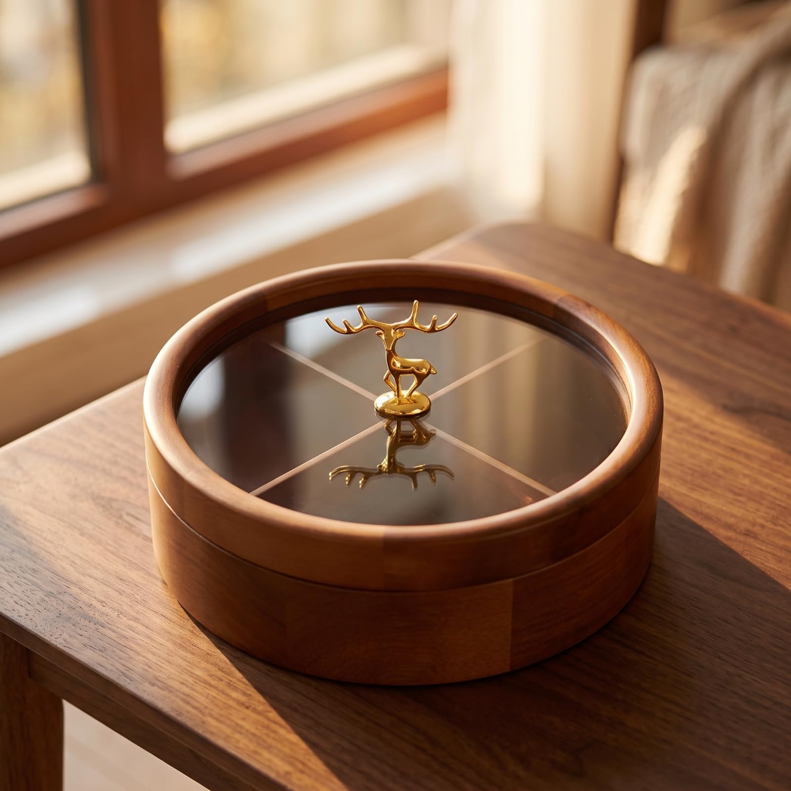 Scatola Rotonda in Legno con Coperchio Trasparente Maniglia Dorata Vassoio Diviso Contenitore Dolcetti Multi Scomparto, Moderno Minimalista, Design A Cinque Scomparti