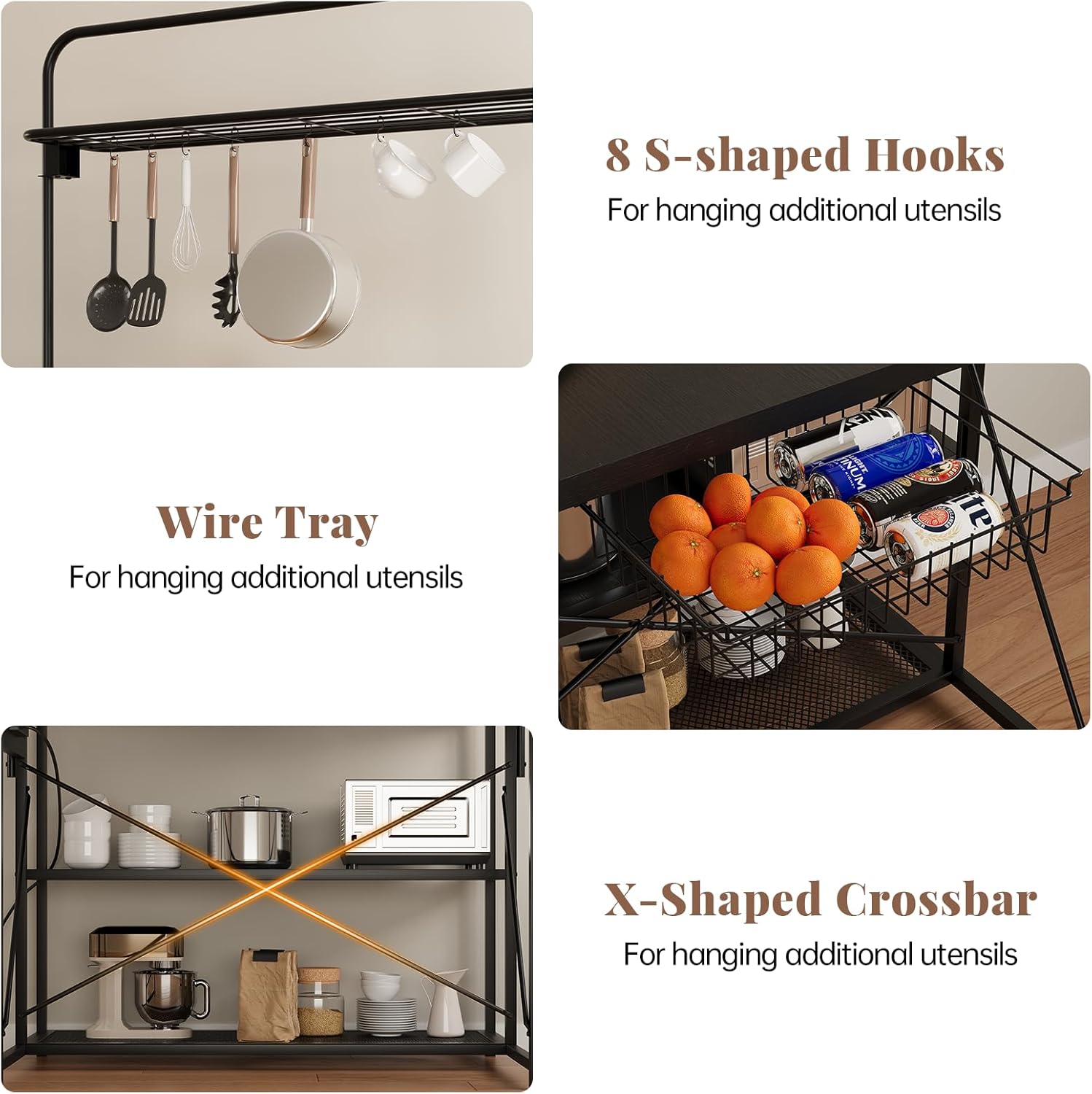 47” Kitchen Island with Storage, Large Bakers Rack with Power Outlet Microwave Oven Stand W/ 3-Tier Shelves & 8 Hooks for Pantry Organization, Metal Coffee Bar Table for Dining Living Room, Black