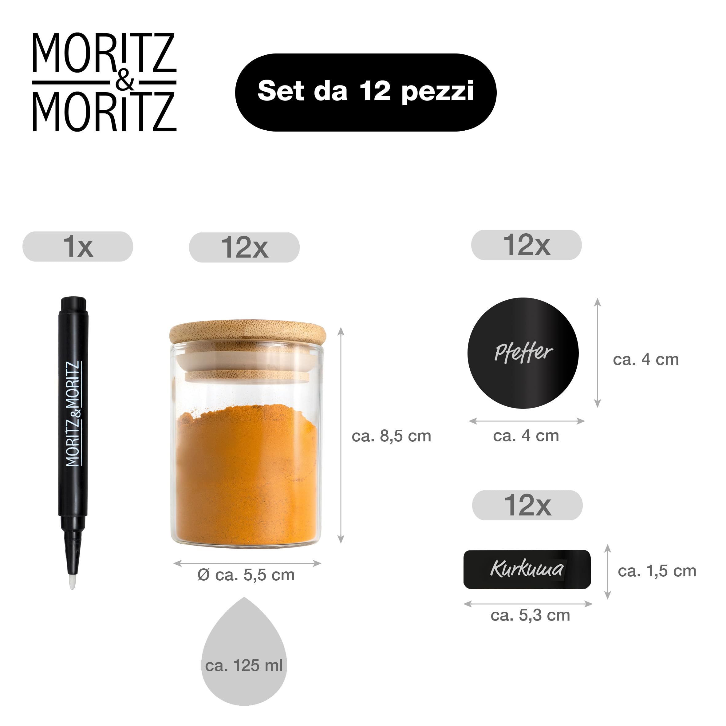 Moritz & Moritz Barattoli Spezie per Cucina - 12 Vasetti per Spezie 125 ml incl. 24 adsivi e 1 gesetto - Contenitori Spezie per Cucina - Vesetti porta erbe aromatizzato