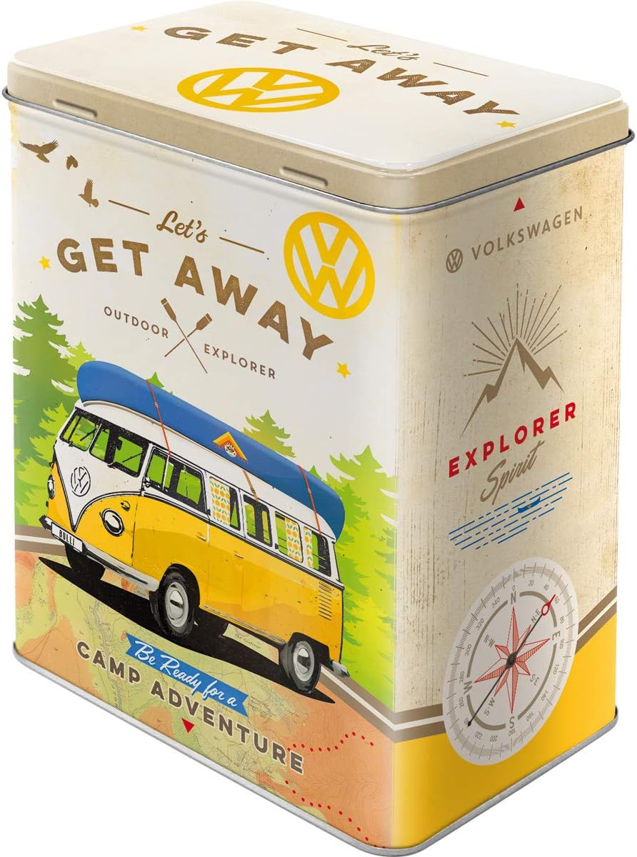 Nostalgic-Art Retro storage tin box L, 101.4 oz, VW Bulli – Let's Get Away – VW Bus Gift idea, Official License Product (OLP), large metal coffee can, vintage design