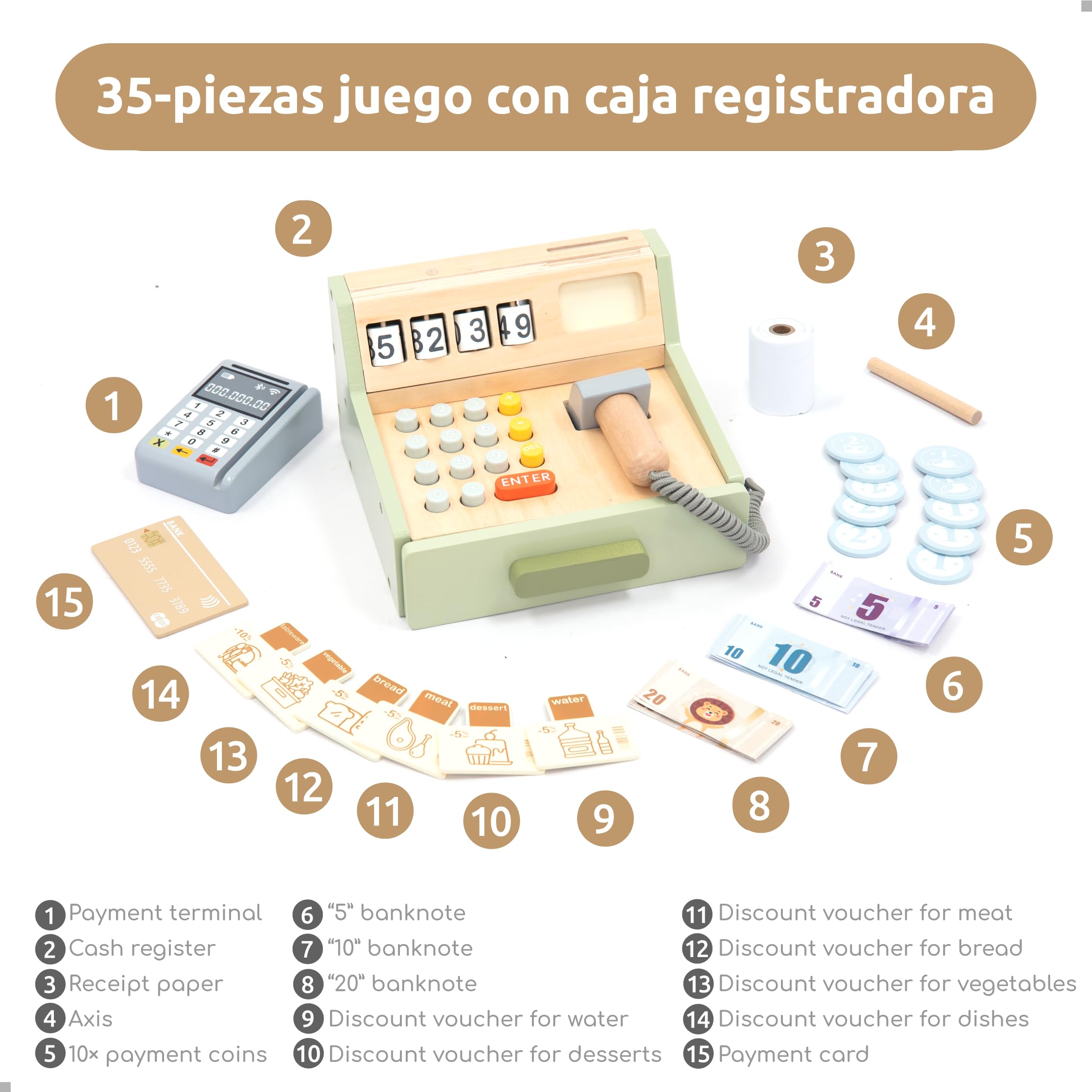 UMU® Caja de madera para niños, juego de rol de tienda de 35 piezas