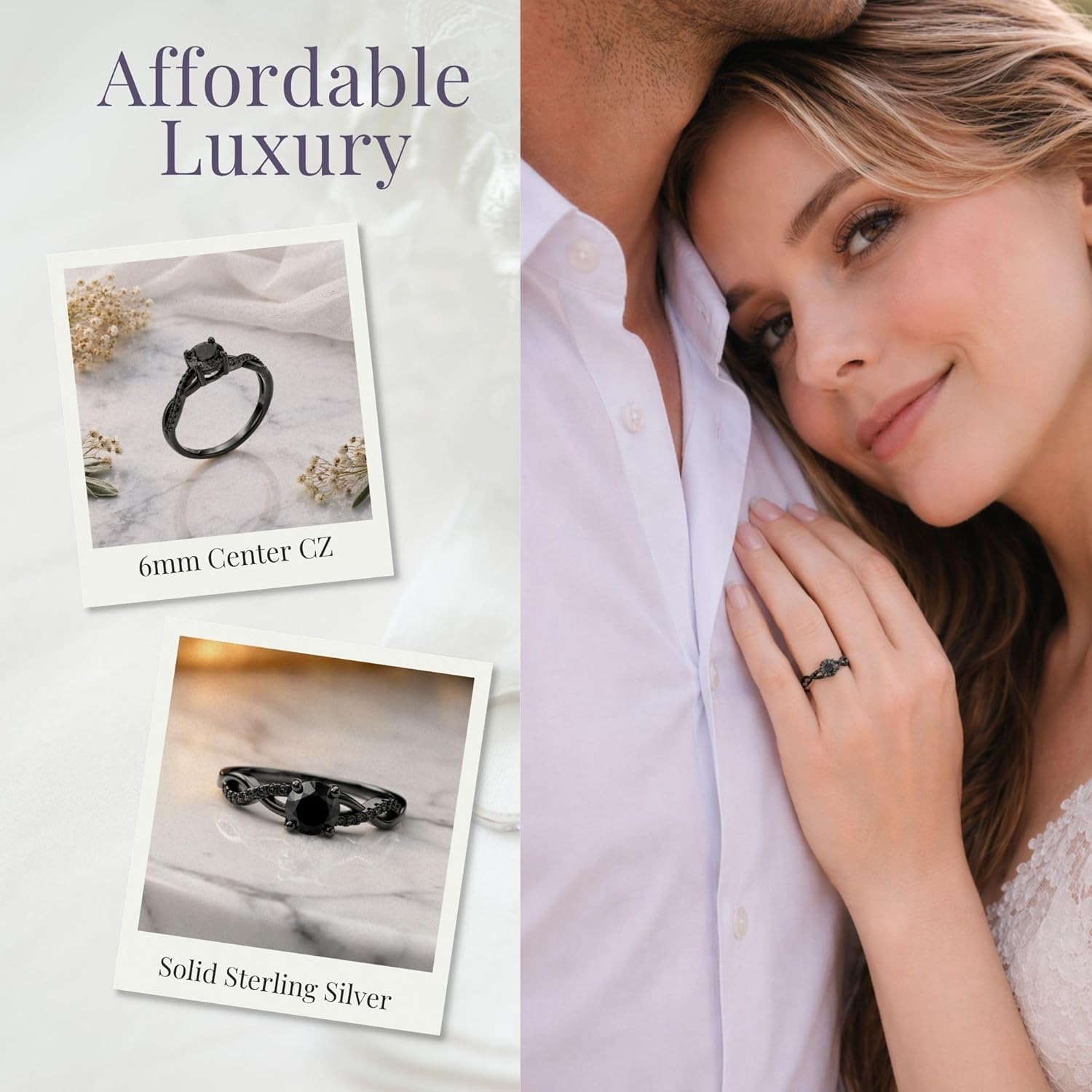 Queena Engagement Ring for Women by Ginger Lyne | 925 Sterling Silver Black Cubic Zirconia Solitaire Ring | Elegant Black Promise Ring or Travel Decoy Ring for Proposals & Special Occasions