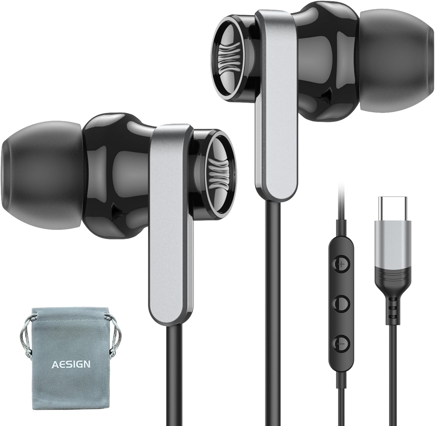 USB C Wired Earphones with Microphone & Volume Control, Type-C in-Ear Headphones with Portable Pouch & Noise Isolating Stereo Sound for Samsung, Google Pixel, iPad Pro, Laptop, Tablet (Black) - Amazon product rated Grade A