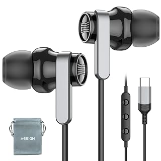 USB C Wired Earphones with Microphone & Volume Control, Type-C in-Ear Headphones with Portable Pouch & Noise Isolating Stereo Sound for Samsung, Google Pixel, iPad Pro, Laptop, Tablet (Black) - Amazon product rated Grade A