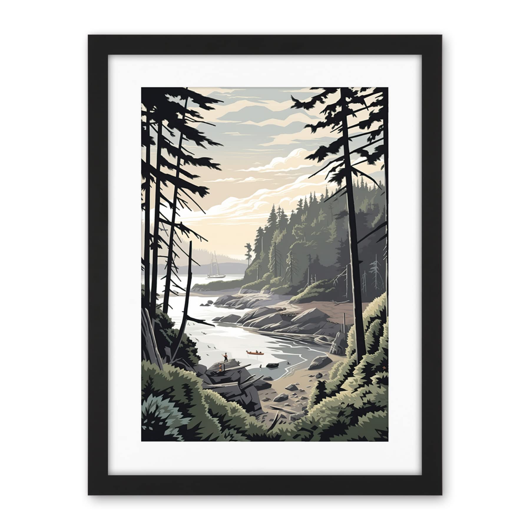 Artery8 Great Bear Rainforest Hikers Coastal Landscape Artwork Framed Wall Art Print 18X24 Inch
