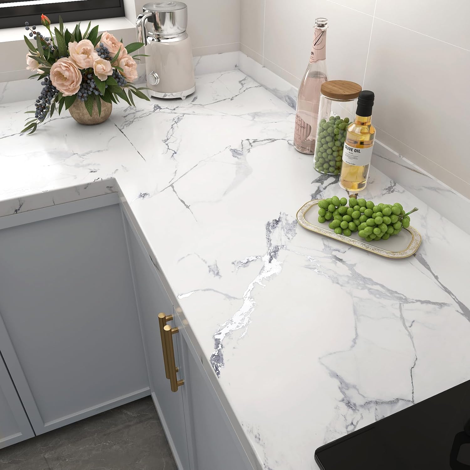 FunStick 60CM×5M Papel Pintado Baño Marmol Blanco Papel Adhesivo para Encimera Cocina Muebles Vinilo Adhesivo Marmol Blanco Plateado Vinilo Autoadhesivo Pared Salón Lavable Vinilos para Muebles Cocina
