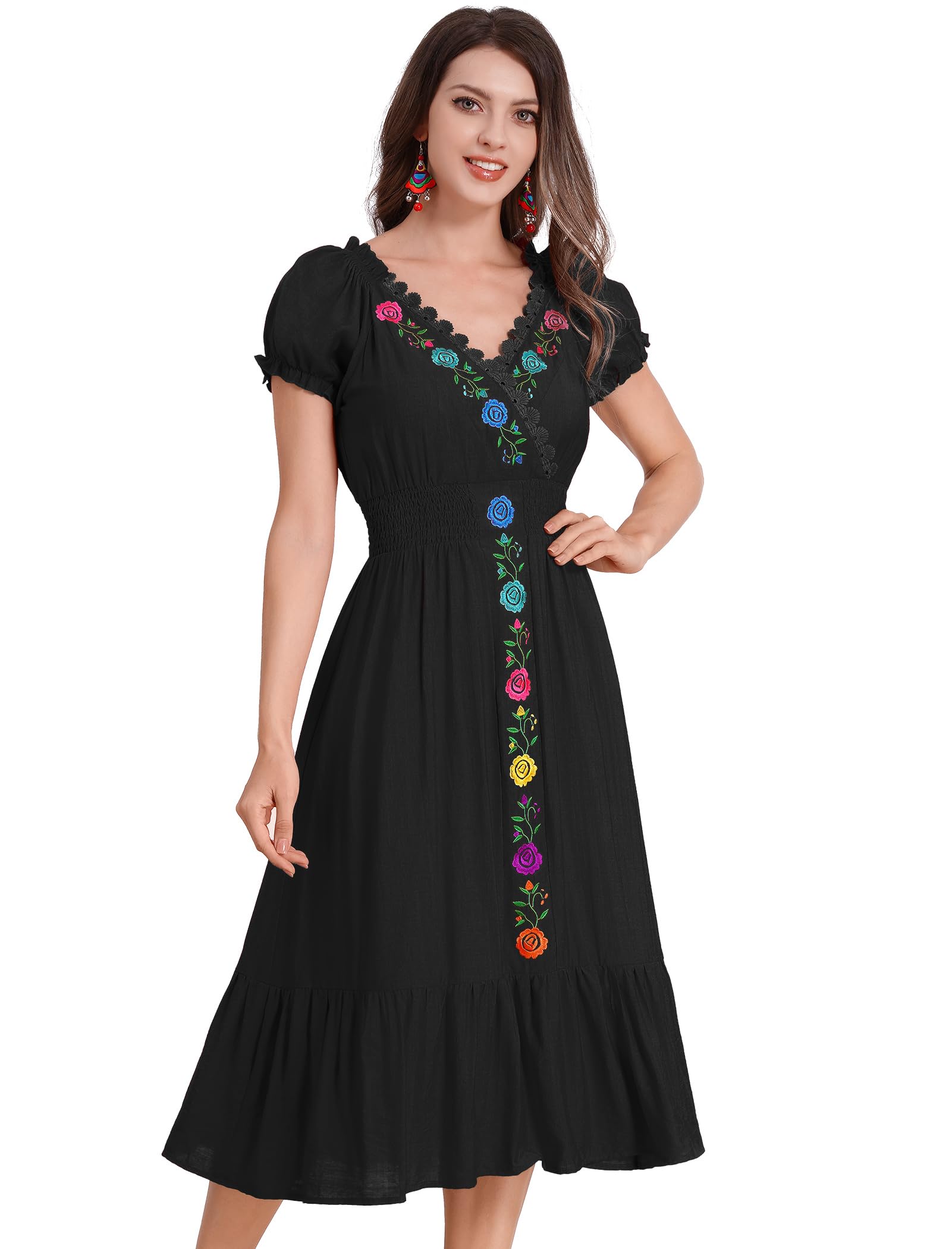 Women Mexican Dress V Neck Floral Embroidery Ruffle Dress Short Puff Sleeve Spring Summer Cinco De Mayo Party Dresses