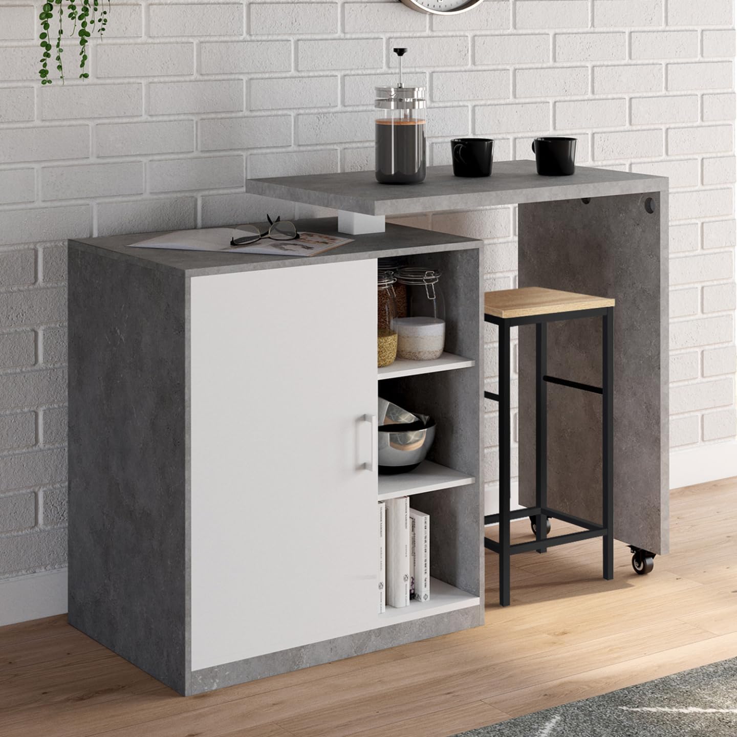 IDMarket - Ilot Rotatif Polo Meuble de Bar pivotant 2 en 1 Imitation béton Porte Blanche