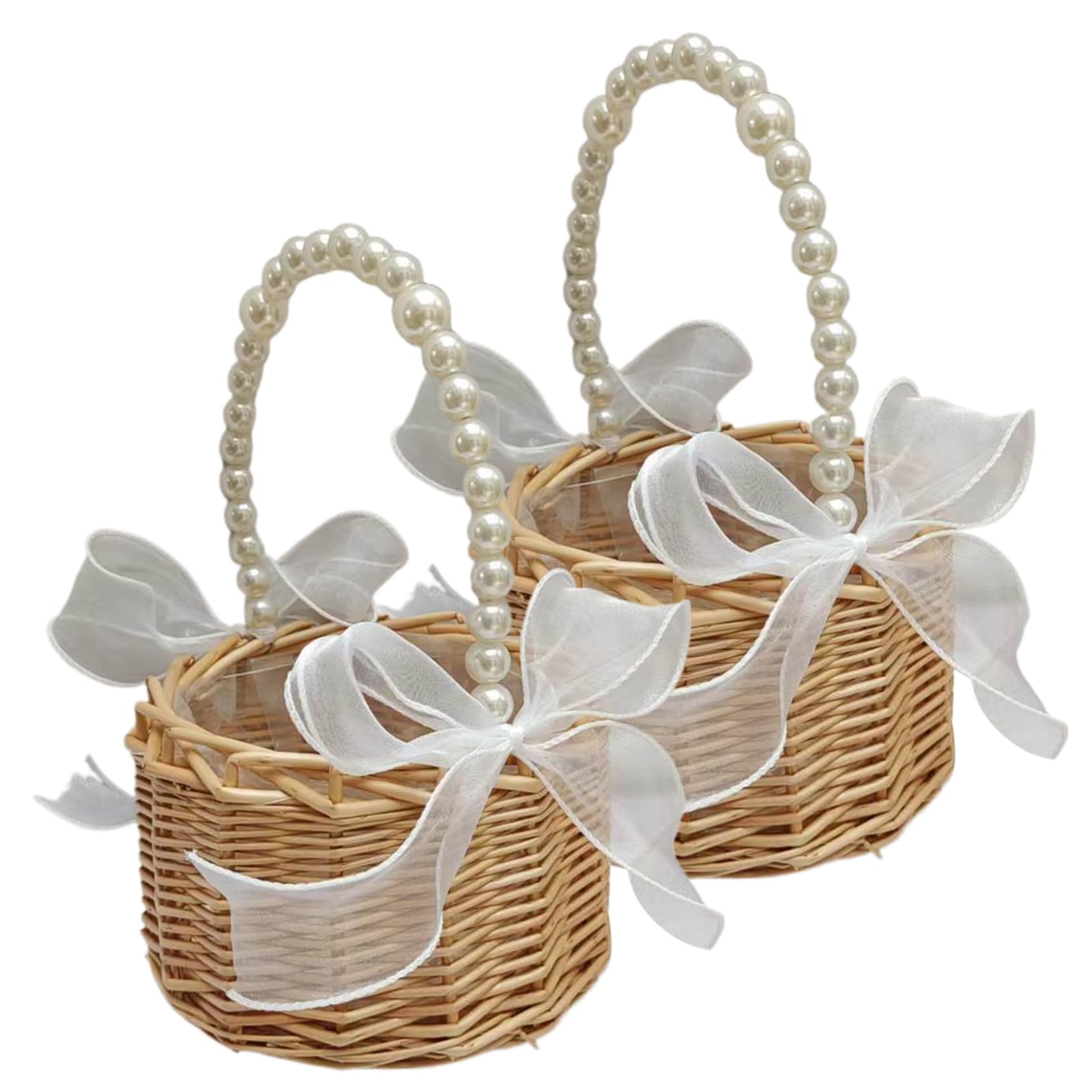 Panier de fleurs en rotin mariage avec poignée en perles