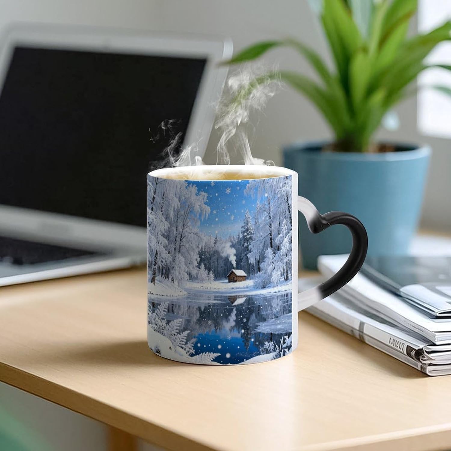 Color Changing Mug, Novelty Coffee Magic Cup, Snow Forest Cabin image 5