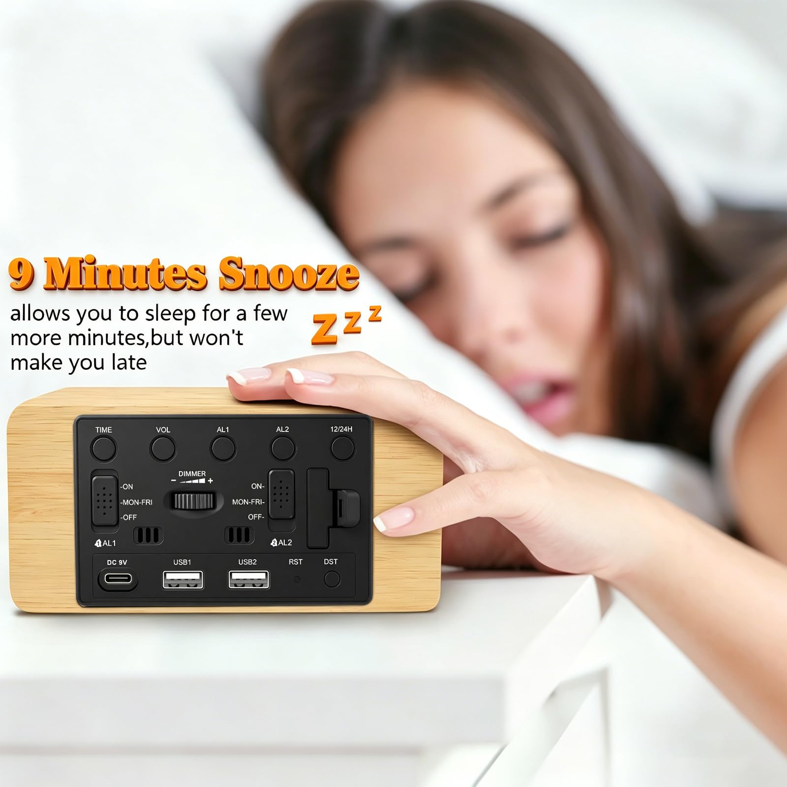 URAYCO Réveil numérique en bois avec chargeur sans fil rapide 10 W, ports de charge USB, DST, intensité variable, répétition, grand affichage LED pour chambre, bureau, table de salon, table de chevet