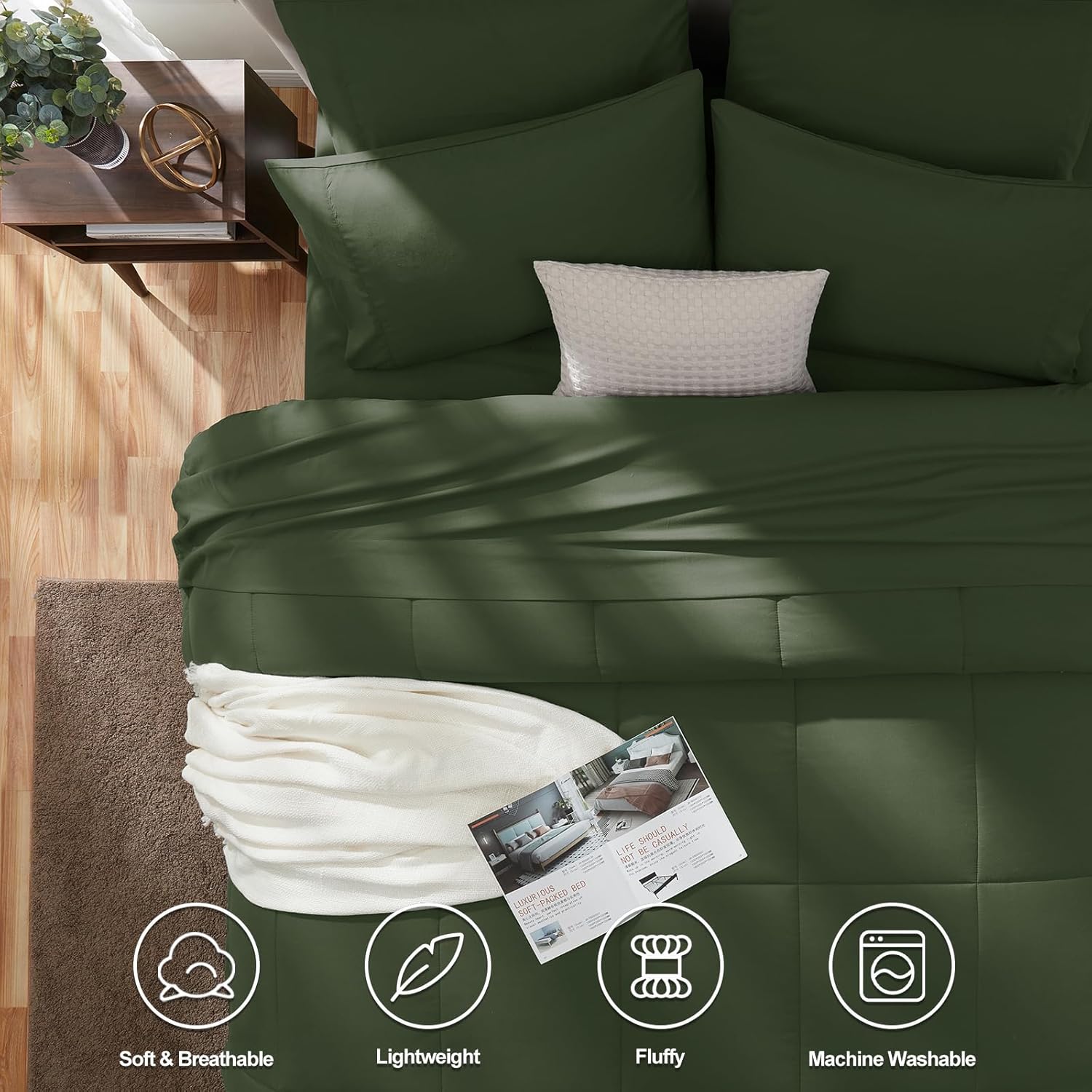 CozyLux King Size Comforter Set Olive Green, 7 Pieces Bed in a Bag, Green Comforter King Size, All Season Bedding Sets with Stitch Quilted Comforter, Flat Sheet, Fitted Sheet, Pillowcases - Image 2