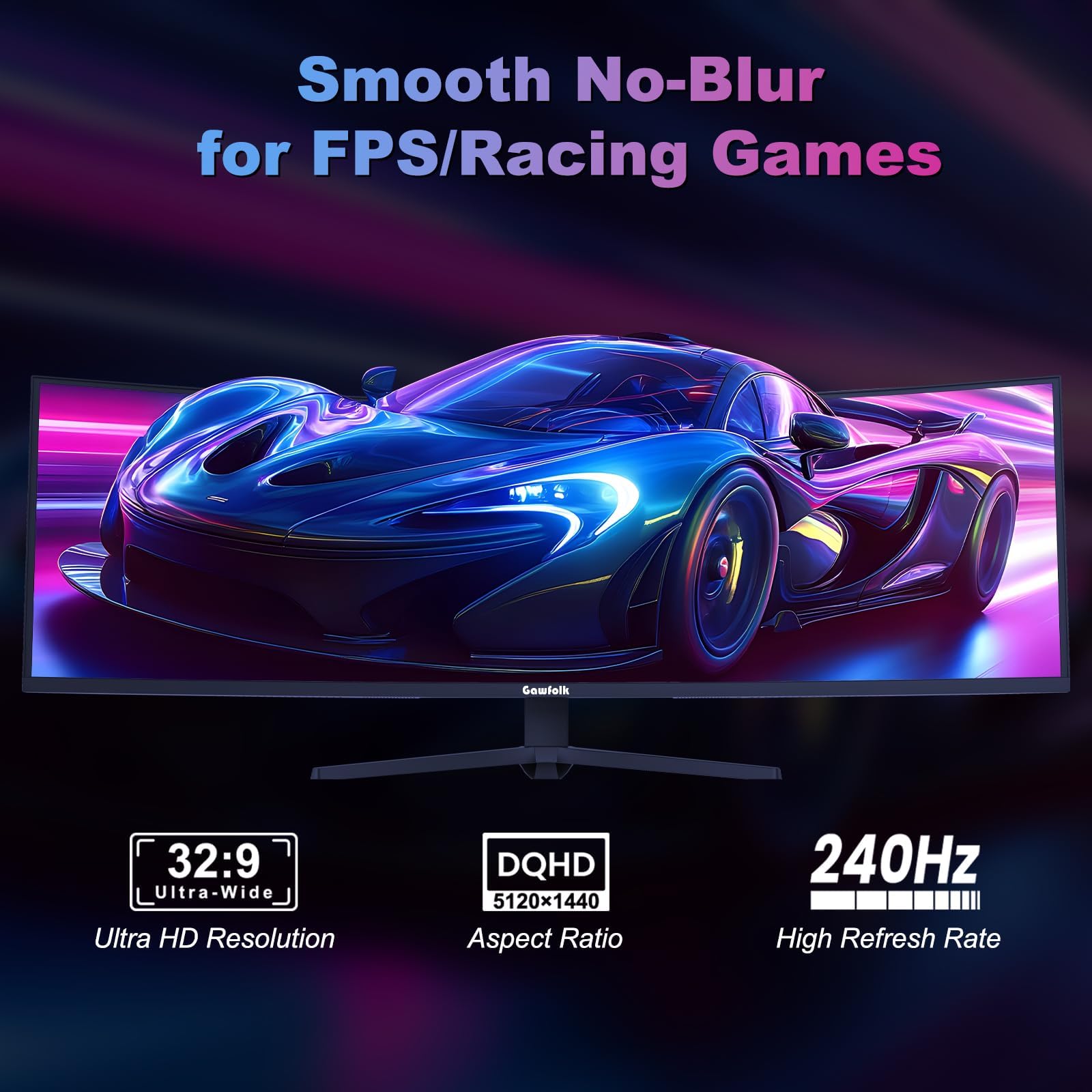 Gawfolk Monitor Gaming 49 Pollici Curvo Monitor 240Hz Ultrawide DQHD 5120x1440 1MS, FreeSync, 120% sRGB, 2x HDMI 2.1, PBP/PIP