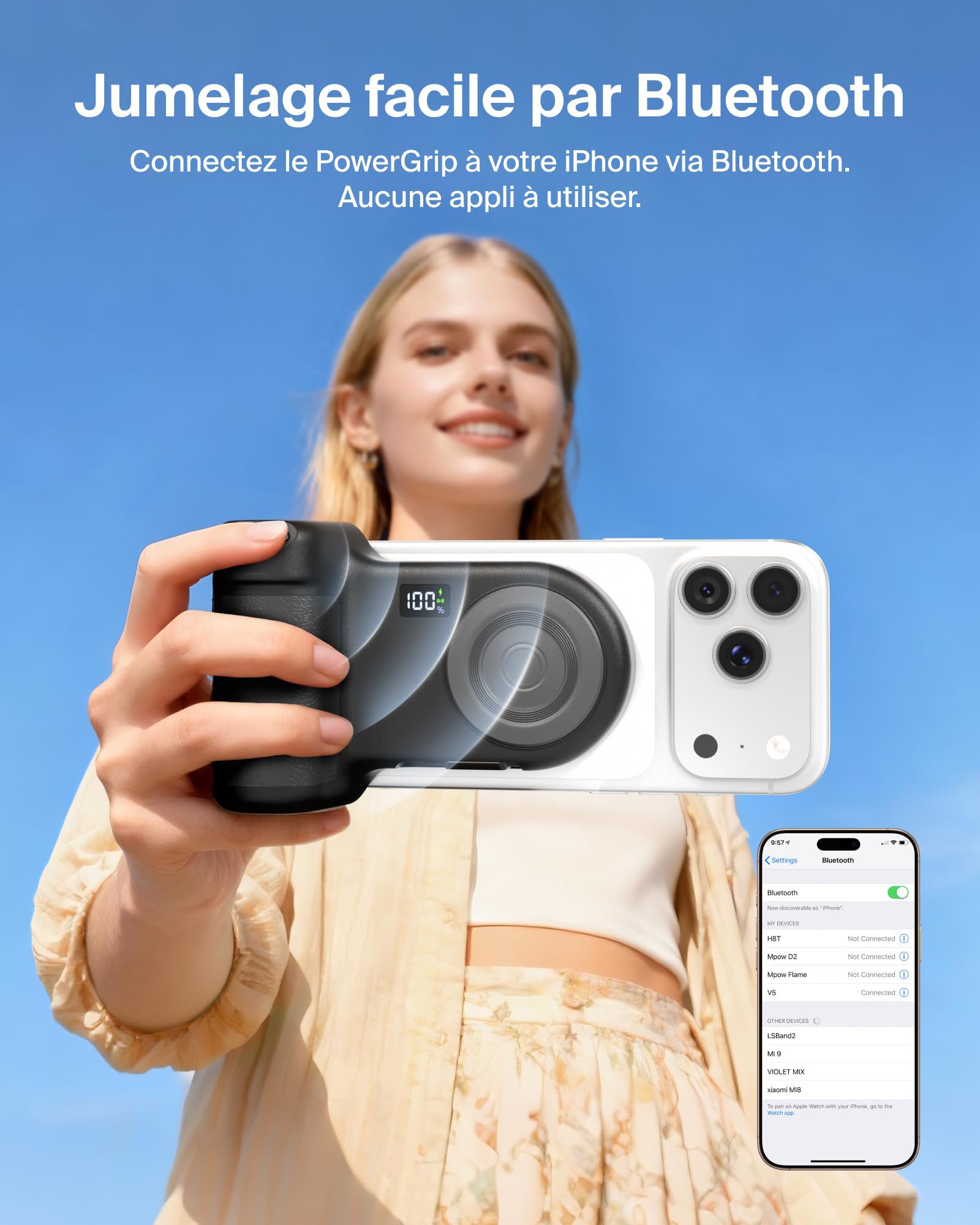 Belkin Stage PowerGrip, Poignée Photo Magnétique et Batterie Externe 9300mAh, Câble USB-C Rétractable, Connexion Bluetooth, Fixation pour Trépied, Écran LCD, Power Bank pour iPhone, Pixel et Plus