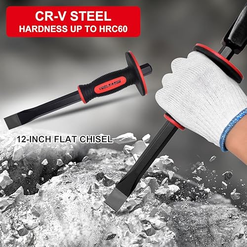 Miniatura 11 de TOOLEAGUE Juego de 3 cinceles de mampostería resistente, herramienta de piedra y roca, punta de 11 pulgadas y cincel plano, cincel de ladrillo de 8