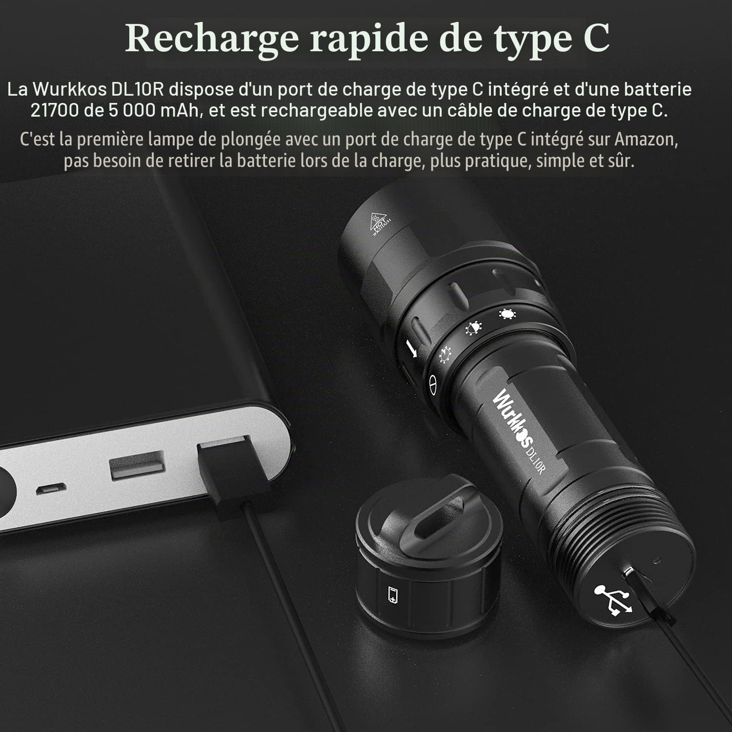 Wurkkos DL10R Lampe de plongée, 4500 Lumen Lampe de Poche,est livré avec Un Port USB-C caché pour Le Chargement Interne, XHP70.2 LED Lampe Plongee sous-Marine, avec 5000 mAh