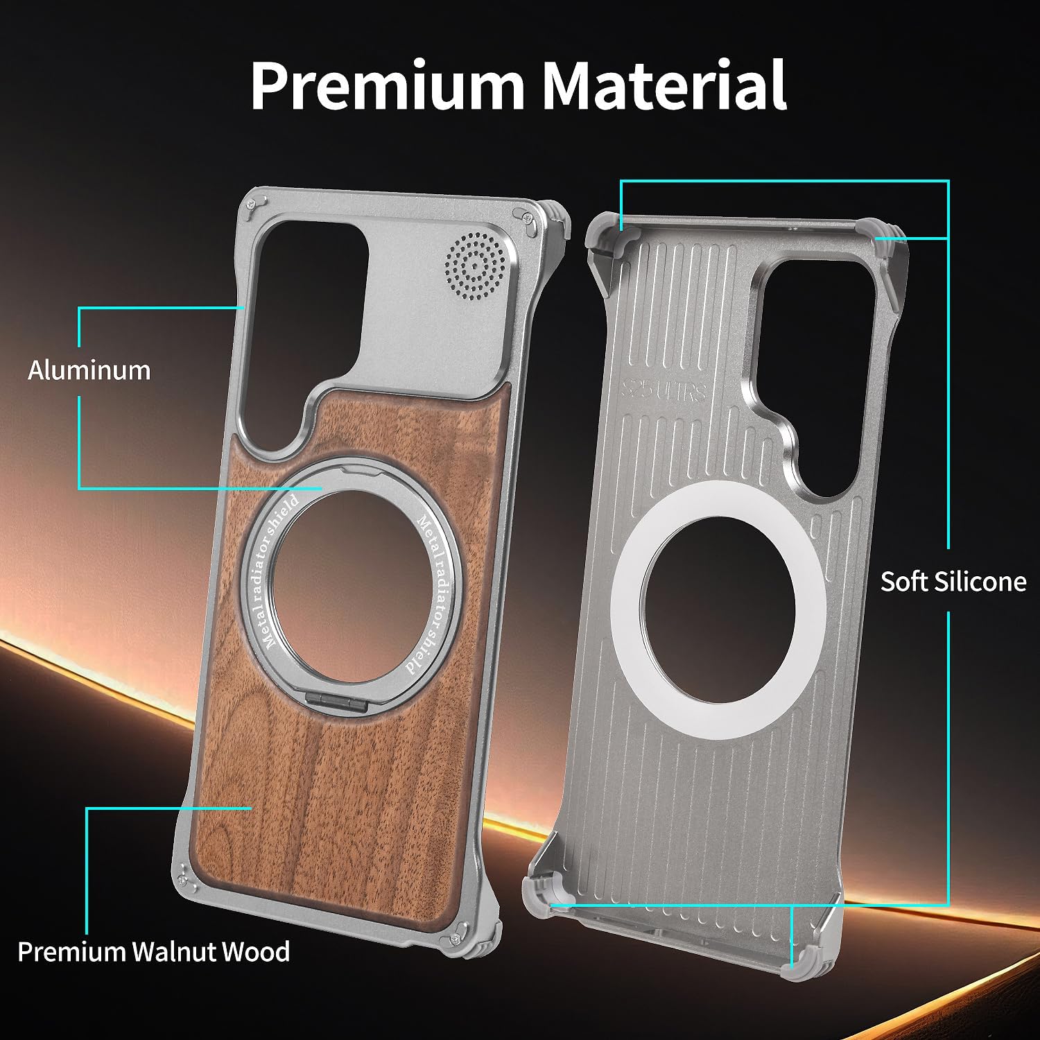 Frameless Aromatherapy Luxury Phone Case for Samsung Galaxy S25 Ultra Case with 360°Stand, Aluminum Alloy Armour and Walnut Wood Cover, Magnetic Military-Grade Drop Shockproof Protective