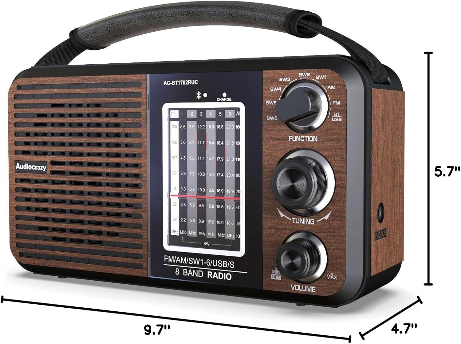 Audiocrazy AC-BT1702RUC Radio Dimensions