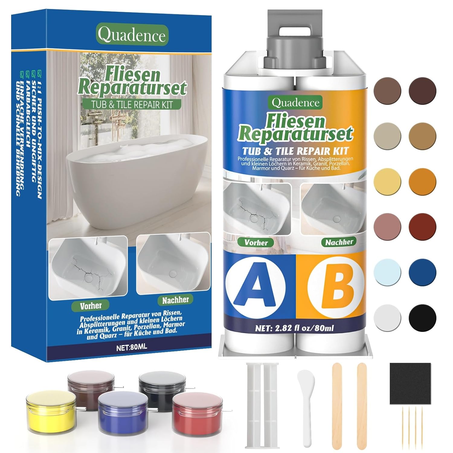 Ceramic Sink Repair Kit, Quadence Enamel Repair Kit for Porcelain, Ceramic, Acrylic, Cracks and Holes on Tiles/Sink/Shower Tray/Bathroom (Color Match)