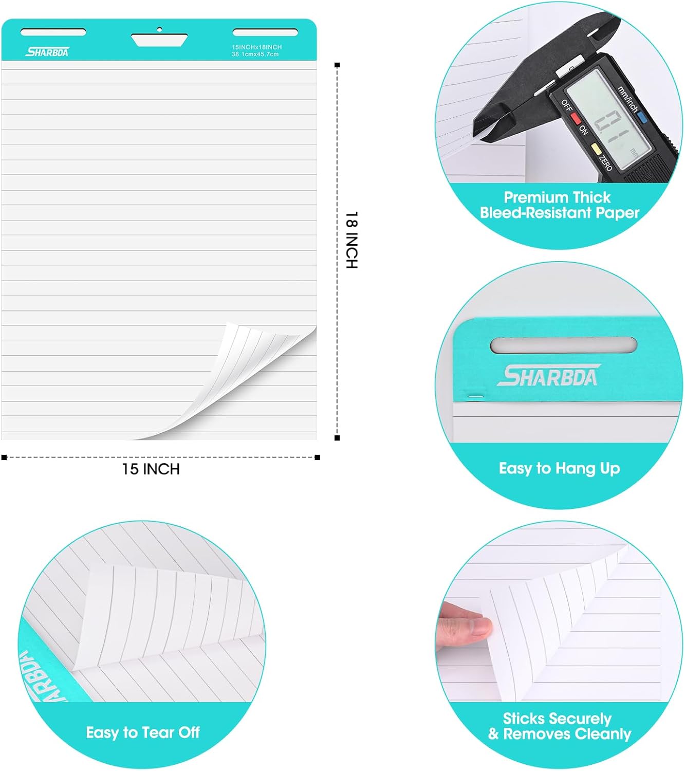 Lined Sticky Easel Pad, 15 * 18 inch,Self-Stick Flip Chart Paper, Super Adhesive & Bleed-Resistant,Micro-Perforated Tear,Classroom Teacher Office Presentation Pads,3 Pads/Pack,90Sheets