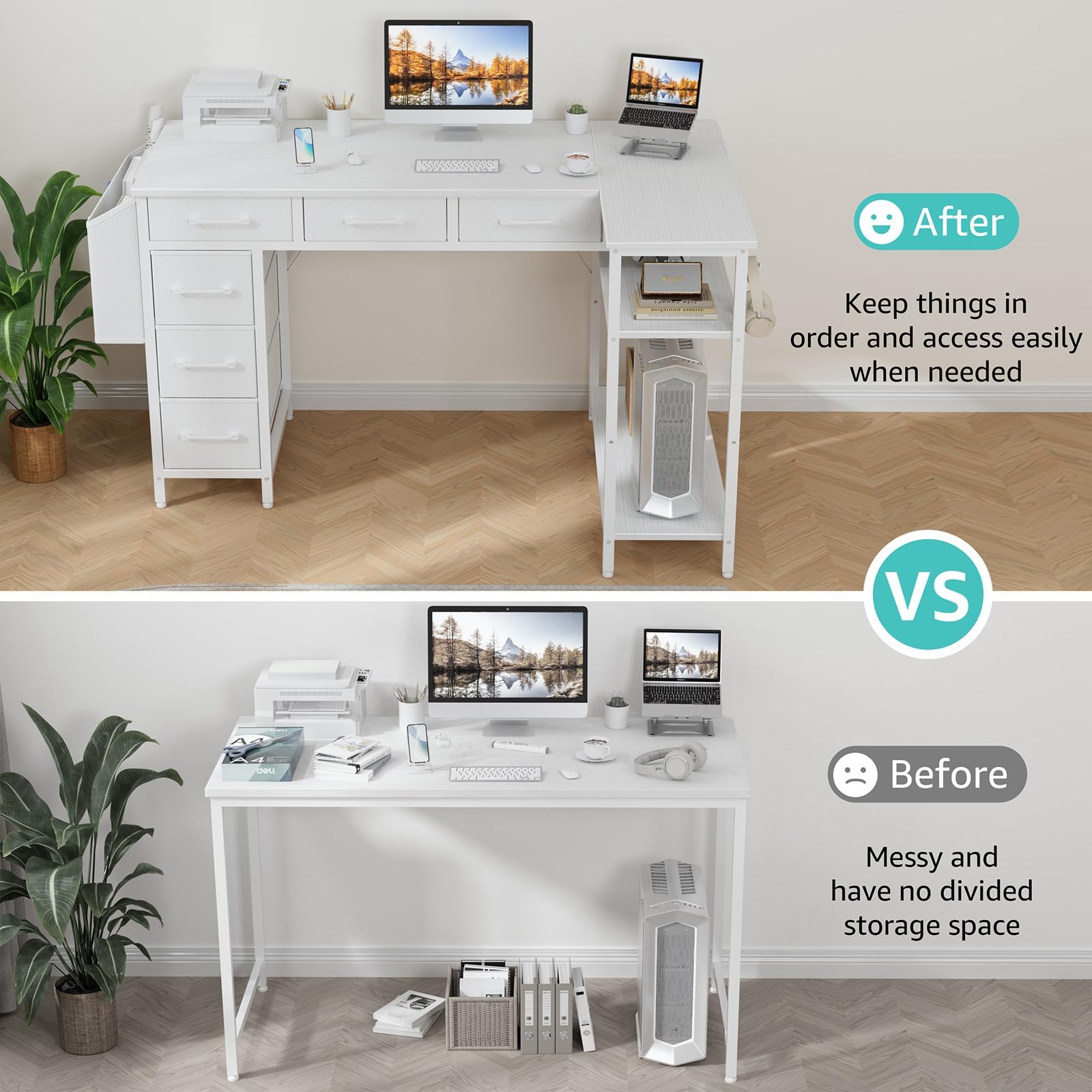 Amazon | ホワイト L字型デスク 布製引き出し付き - 48インチ コーナー