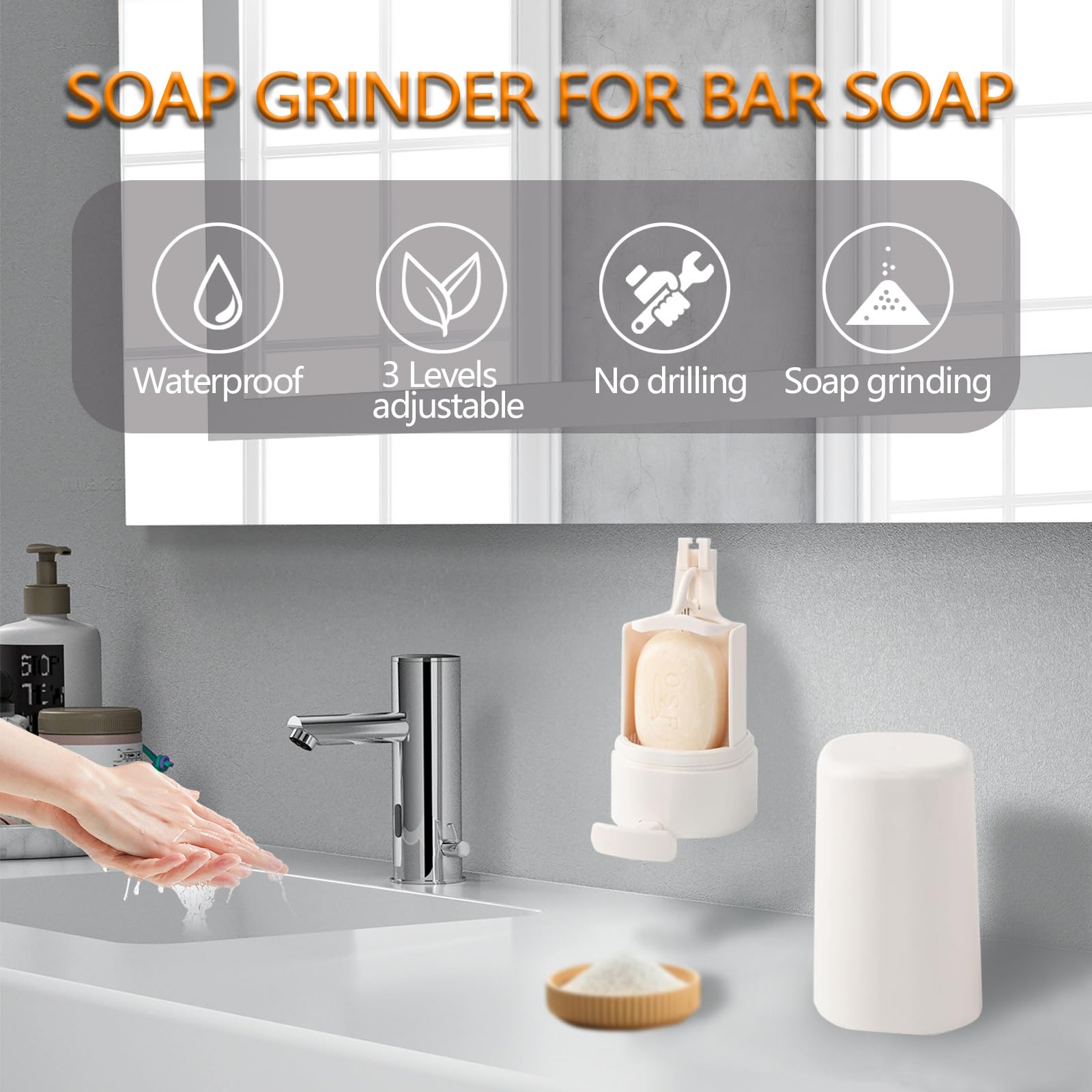 Soap Grinder for Bar Soap Wall-Mounted, No Drilling, Waterproof Bar Soap Shaver Dispenser for Bathroom, Kitchen, Hotel, Easy Install Soap Bar Shredder White