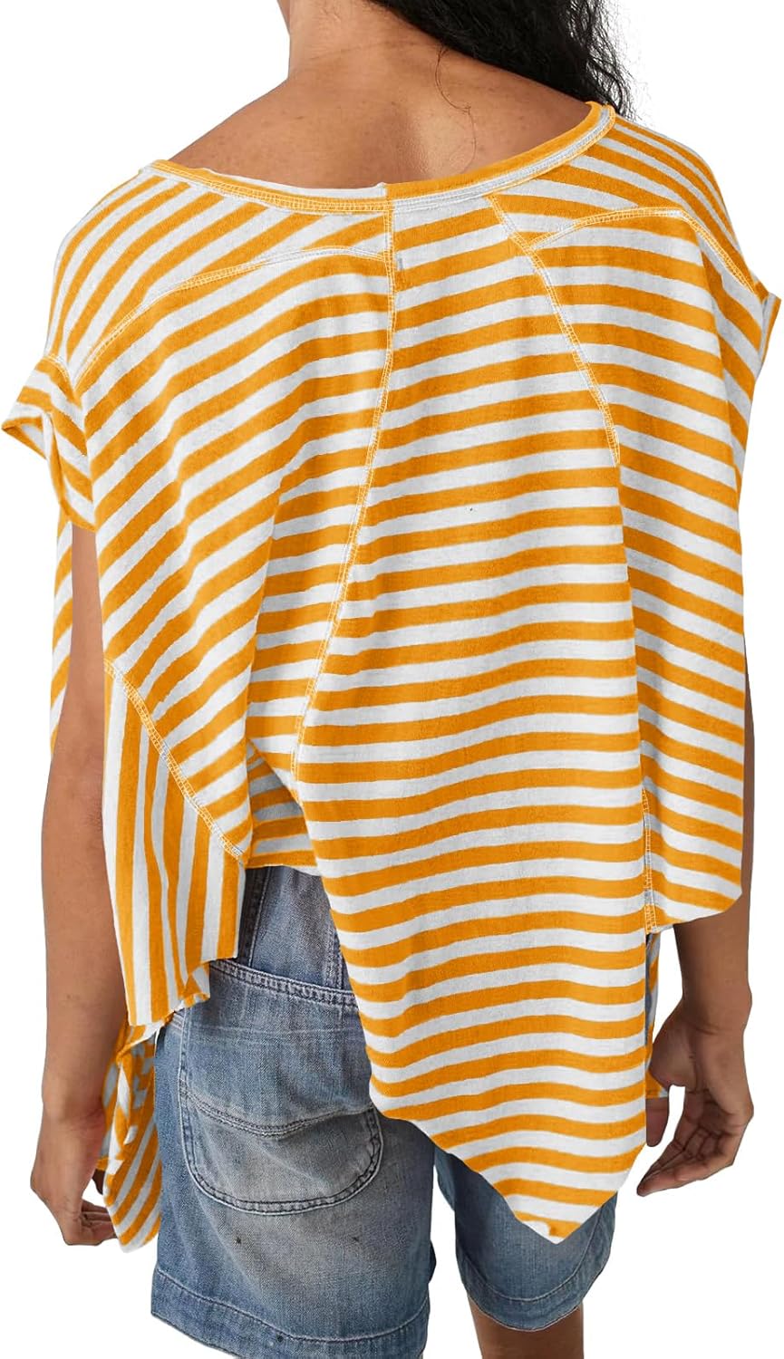 Tankaneo Womens Oversized Striped Tshirts Irregular Hem Batwing Short Sleeve Tops Summer Casual Round Neck Tee Shirts - Image 3