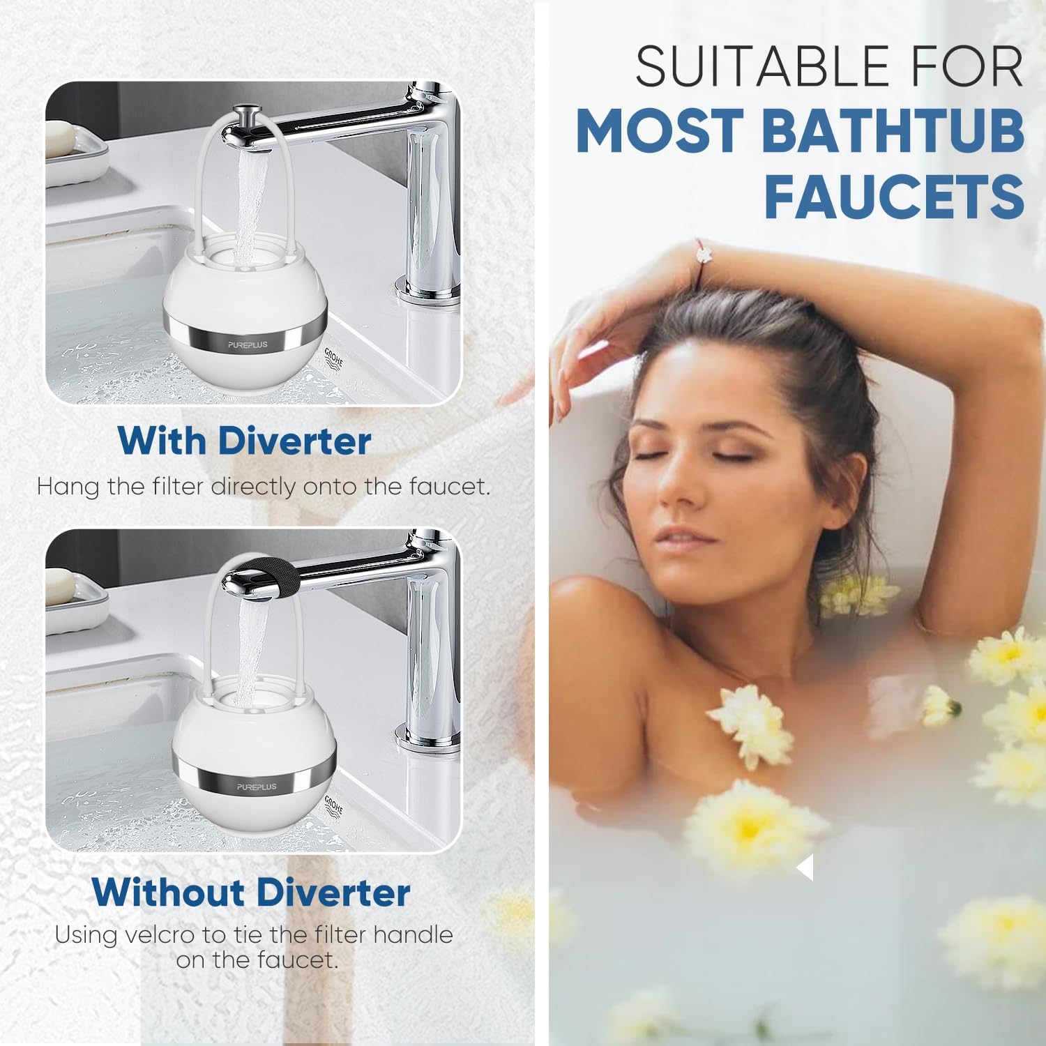 PUREPLUS 浴槽用浴槽用水フィルター 交換用フィルター1個付き 8段階のキンダーフィルター 2500ガロンろ過 汚染物質の除去