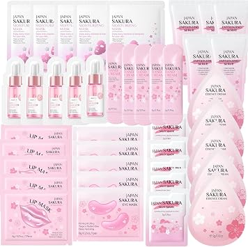 40PCS Pamper Gifts for Women - Girlsfriend Gifts - Skincare Set with Face Mask,Lip Mask,Eye Masks,Face Serum,Face Cream,Hand Cream,Exfoliating Scrub Hydrating & Nourishing Skin Care Gift Set Sakura
