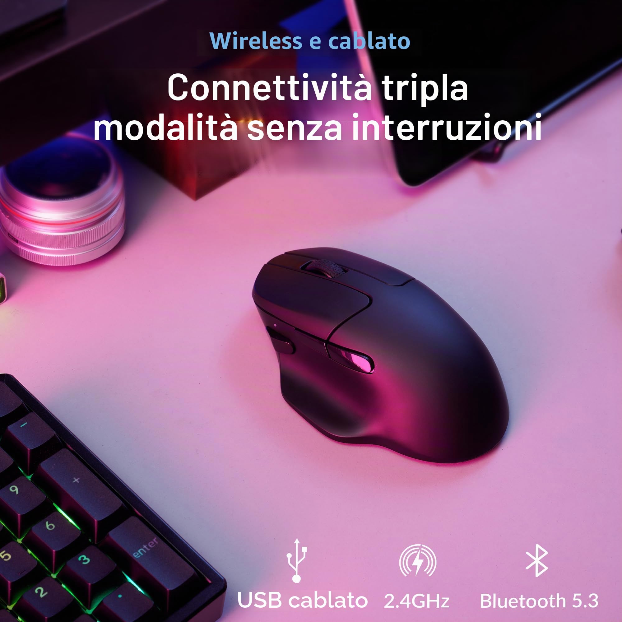 Keychron M7 Mouse Gaming Wireless 8K Polling Rate – Ultra-Leggero 63 g, Sensore PixArt 26.000 DPI, Tri-Mode (2.4G/Bluetooth/Cavo), Tasti Programmabili, Nero