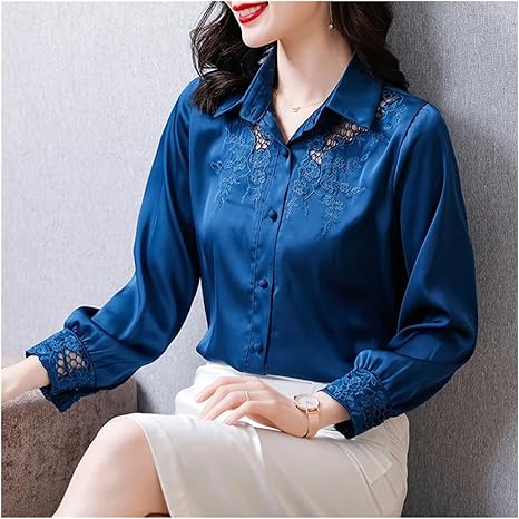 Amazon Co Jp Leige 女性のシャツサテン刺繍トップス女性のボタンアップレース服女性長袖シャツ Color Blue Size Xxl Code 服 ファッション小物