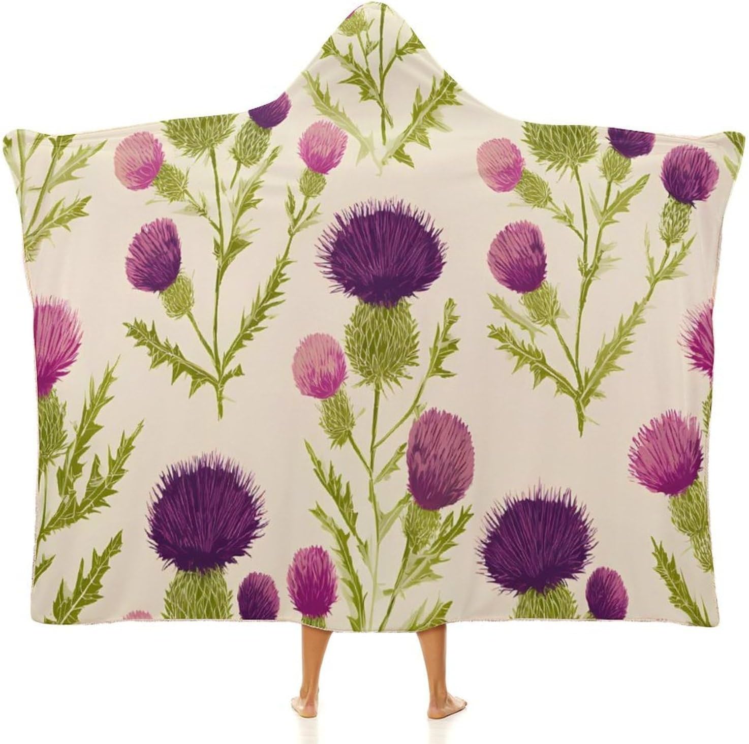 Thistles Flower Scottish Wearable Blanket Hoodie | Flannel Fuzzy Machine Washable Home Camping Lounging